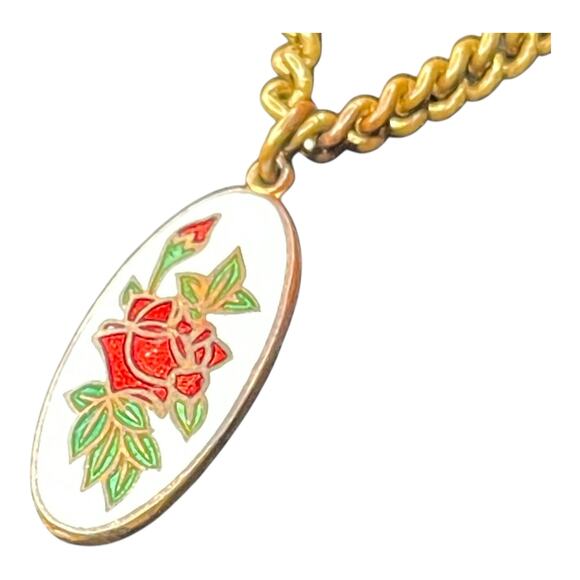 Vintage Japan Gold Tone Chain Bracelet w/ Enamel Painted Red Rose Pendant – 7" - Picture 8 of 10